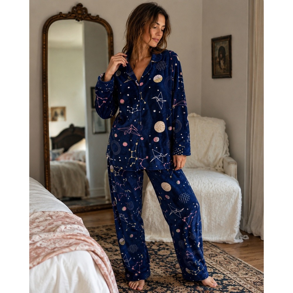 Hale Bob Celestial Constellation Origami Crane Plush Velour Pajama Set M